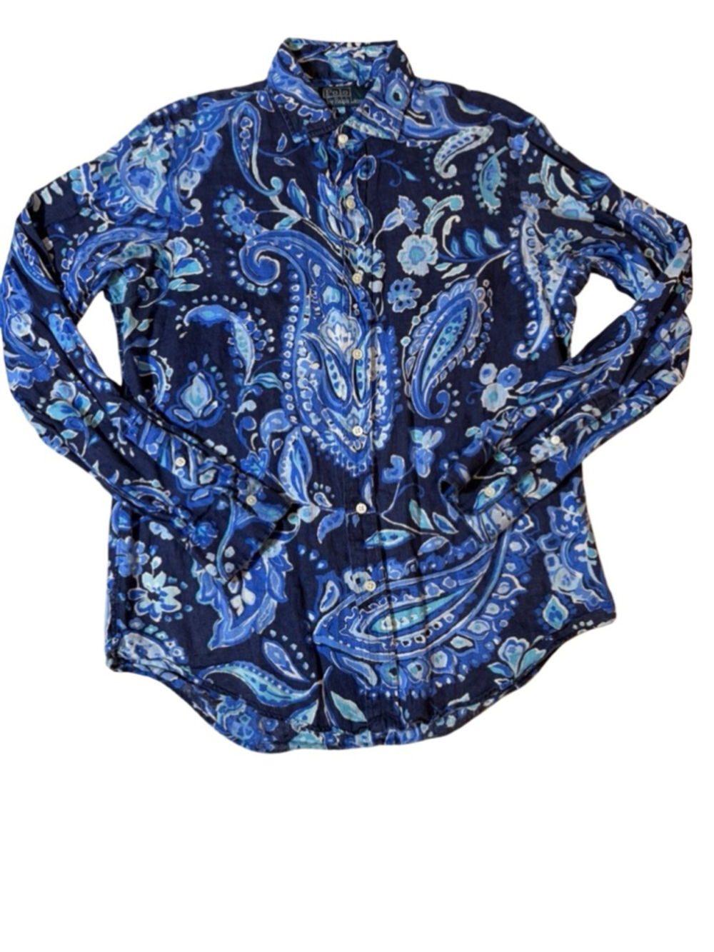Polo Ralph Lauren Men’s Vintage Blue Paisley Linen Hawaiian Shirt Medium